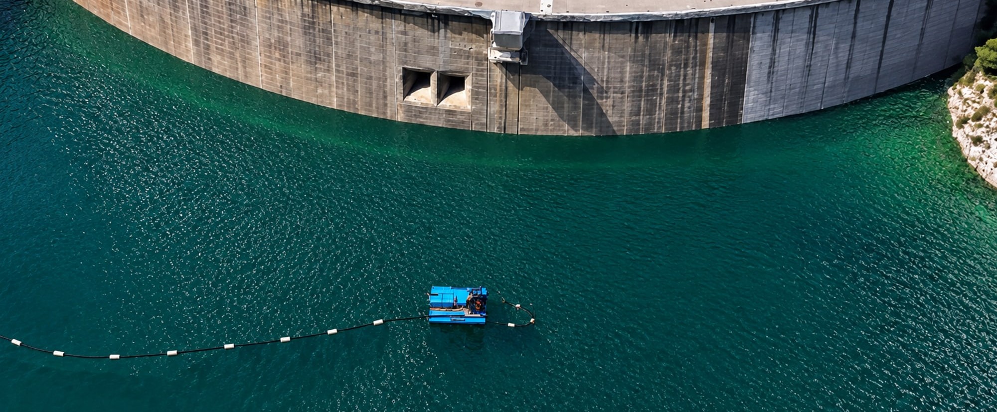 Aerial view of an arch dam and reservoir with a Basmni dredge working below the wall