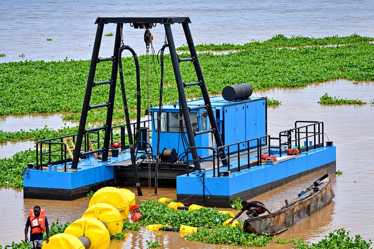Blue Dragflow cable dredge barge with tripod frame working on a reservoir