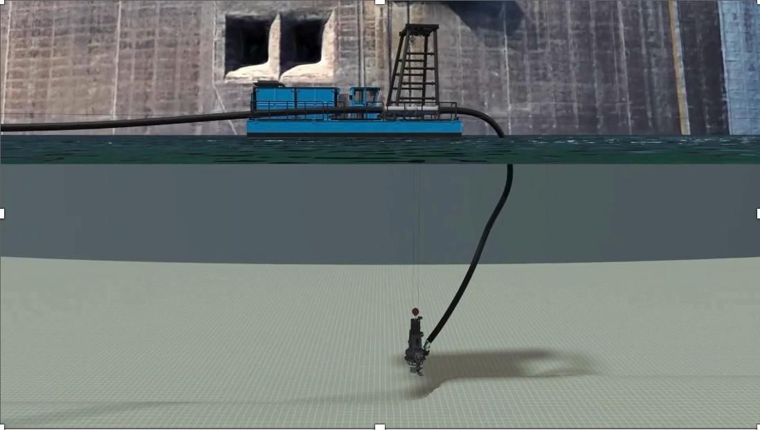 Cutaway diagram of a dredge barge at a dam wall with a cable-suspended pump working on the reservoir bed