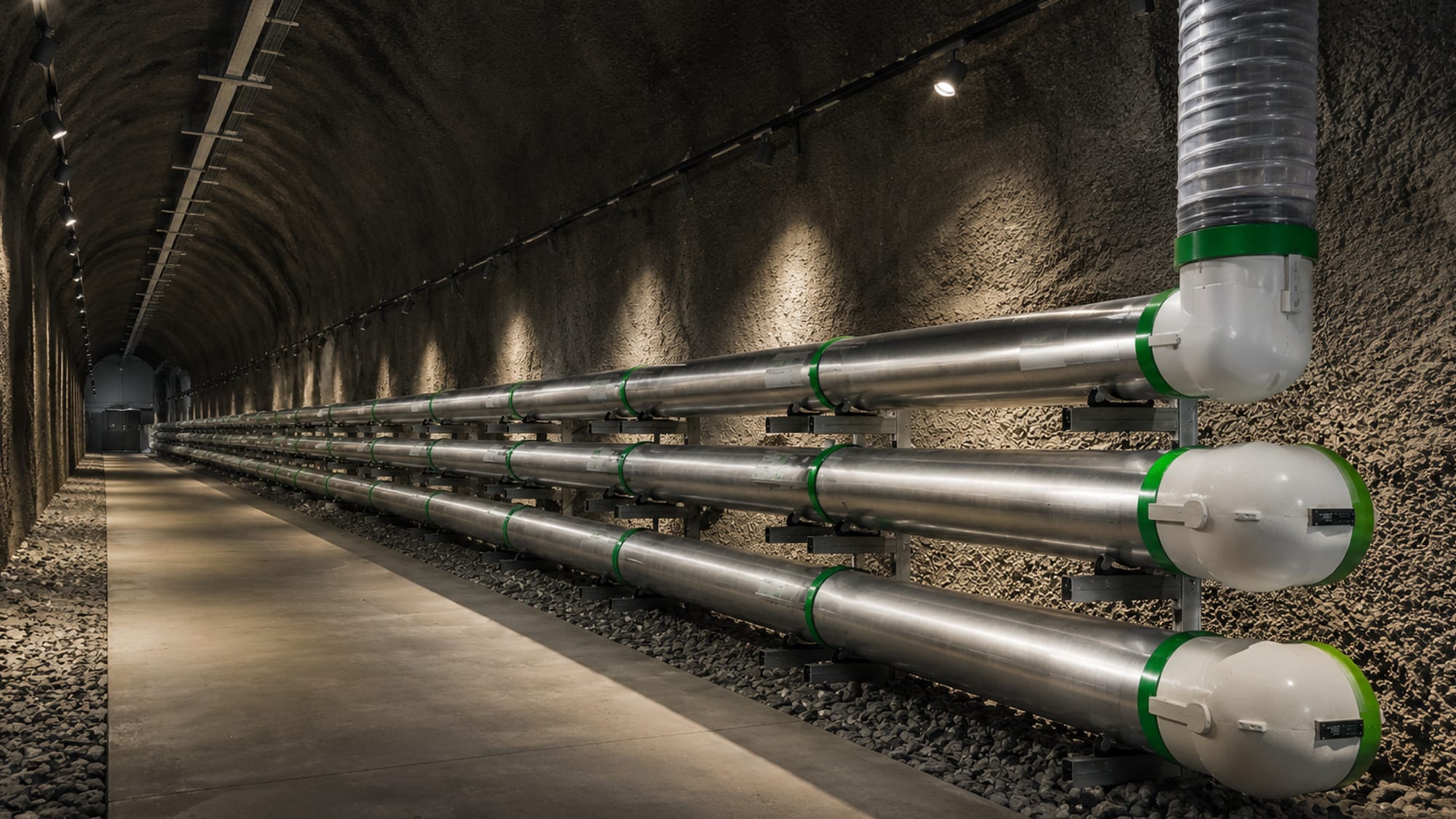 Pressurized-air cable ducts routed through a lined service tunnel