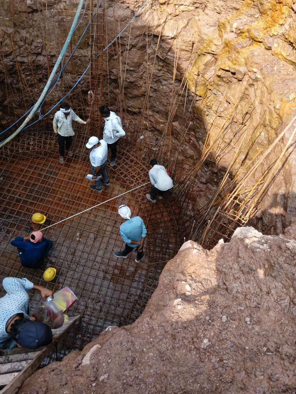 Rebar cage being tied inside the excavated intake shaft pit at Indira Sagar